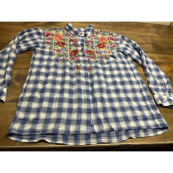 Johnny Was J3 Workshop Button Up Embroidered Floral Plaid Blouse Small - Picture 4 of 11